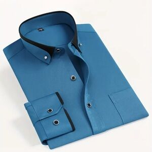 Men's Light Blue Long Sleeve Dress Shirt with Black Accents